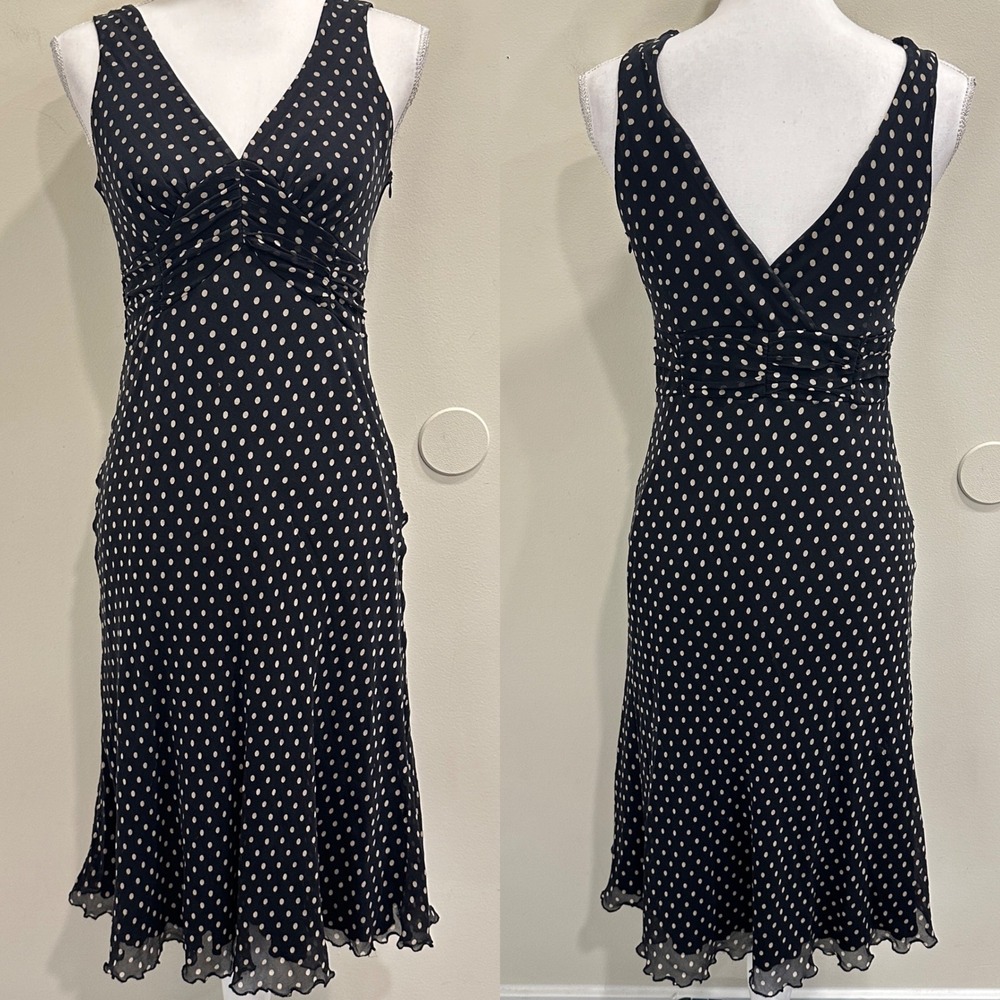 Jonathan Martin Petites Black Silk Polka Dot Midi Dress V-Neck Ruched Size 12